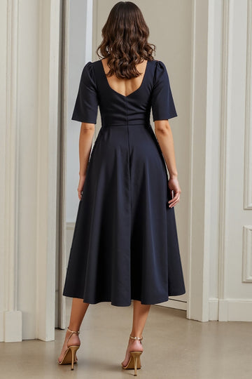 A Line Navy Square Neck Work Dress with Slit
